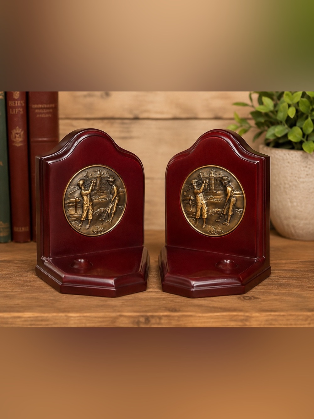 Vintage GolfThemed Bookends Pair of Decorative Book Ends Mahogany FinishGolfer